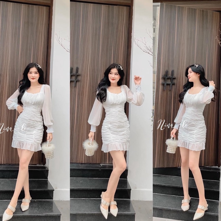 Đầm Body Trắng Dài Tay Dự Tiệc Dáng Nhún Đuôi Cá