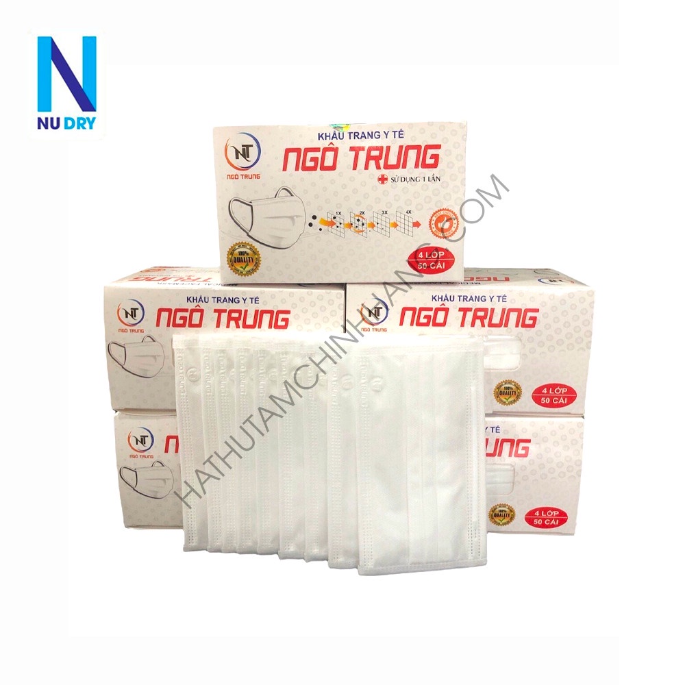 Khẩu trang y tế   4 lớp giấy  kháng khuẩn Hộp 50 cái Ngô Trung Màu Trắng
