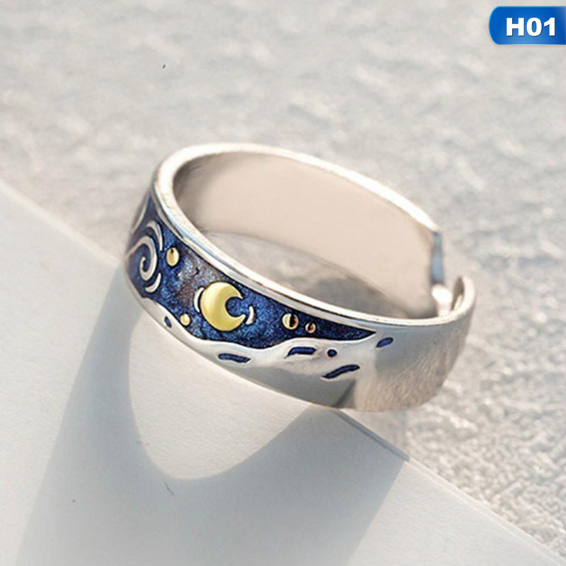 flowersqueen Nhẫn Đôi Khắc Hình Mặt Trăng Và Ngôi Sao Thời Trang