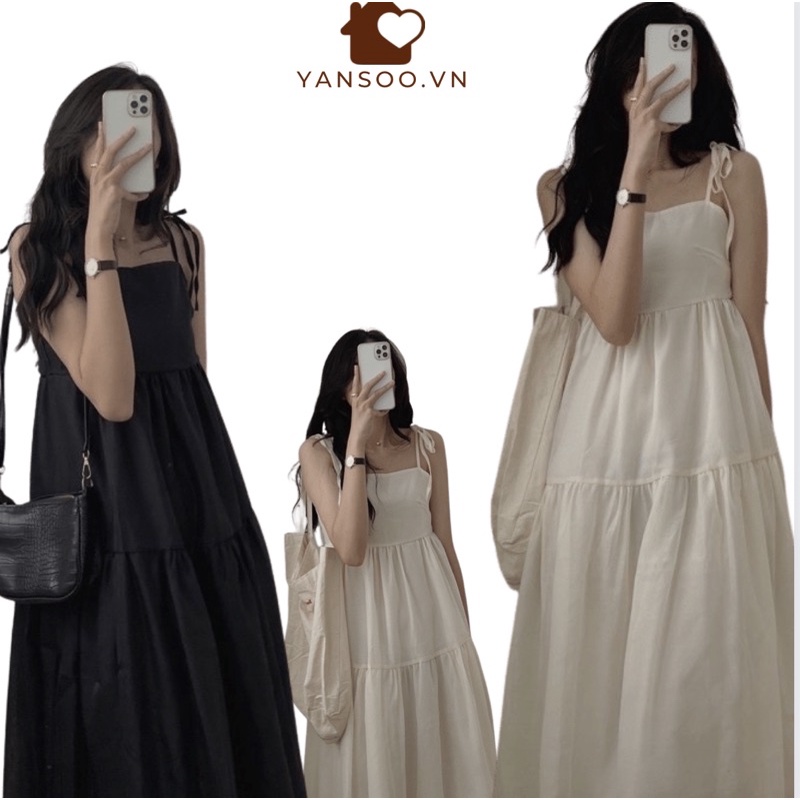 Đầm - Váy hai dây buộc dáng suông dài đi biển chất voan có lớp nót hai màu đen - kem by YANSOO