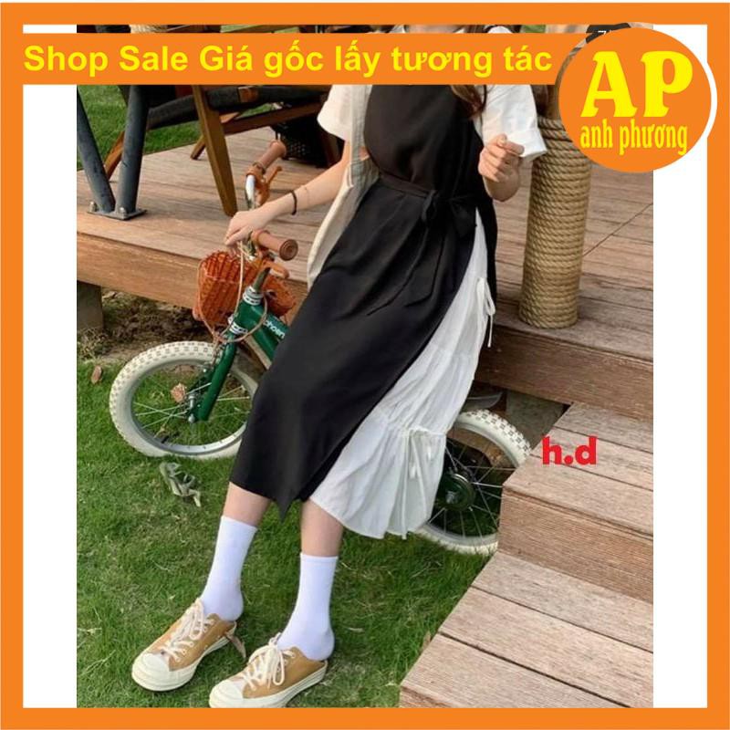 [Mã FAMAYWA2 giảm 10K đơn 50K] Sét Váy 2 dây đi biển buộc eo Vintage Tiểu thư + áo thun trắng phong cách Hàn Quốc | BigBuy360 - bigbuy360.vn