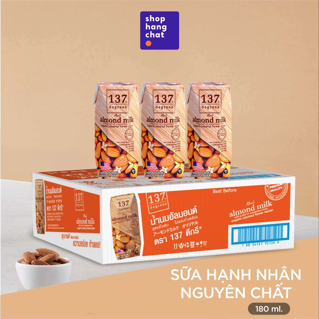 [THÙNG 36 HỘP X 180ML] Sữa Hạt Hạnh Nhân Nguyên Chất 137 Degrees Thái Lan 99% Từ Hạt Tươi, Vị Ngọt Từ Mật Hoa Dừa Hữu Cơ