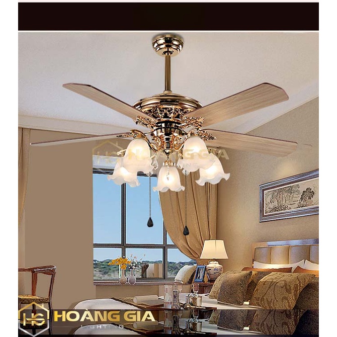 Quạt Trần Đèn - Quạt Đèn Chùm CIZOMI Cánh Gỗ Phong Cách Cổ Điển - Tặng Kèm Bóng LED