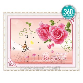 (ĐÃ ĐÍNH) Tranh đính đá thành phẩm ĐỒNG HỒ HOA HỒNG 60X40cm AH71438