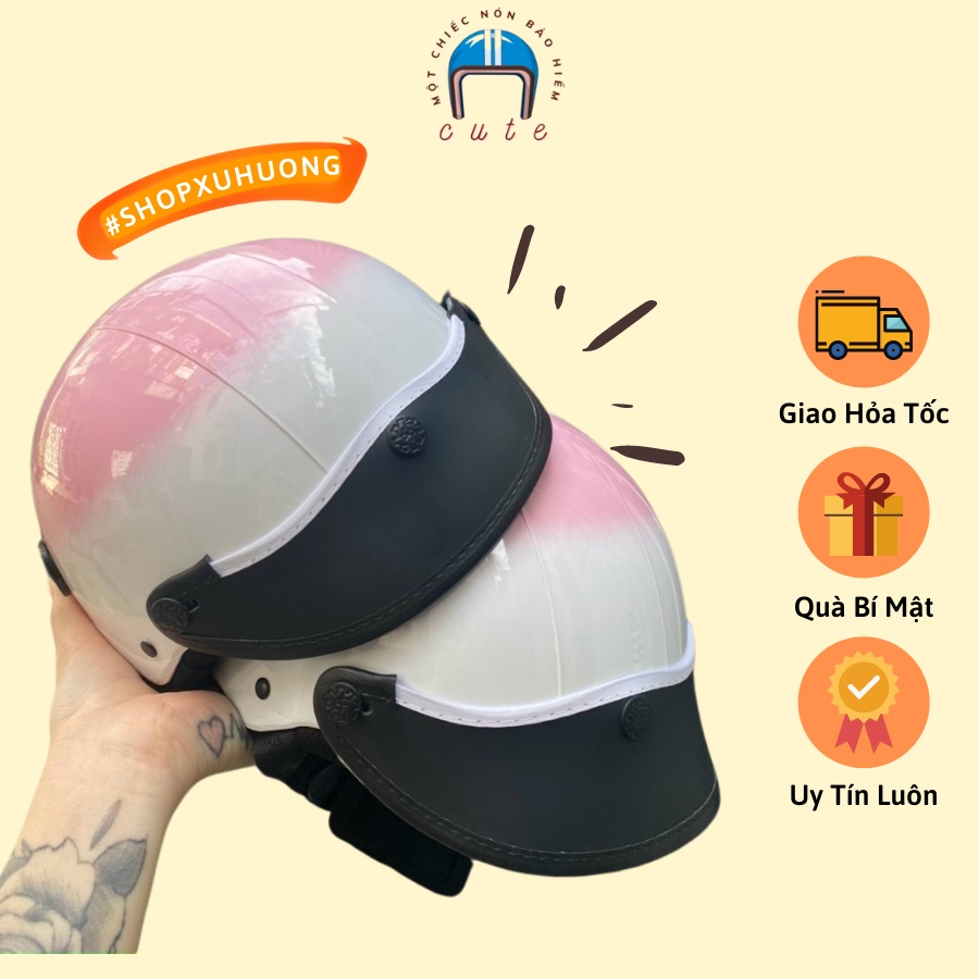 Nón bảo hiểm sơn hai màu trắng hồng Cute Shop chất liệu nhựa ABS cứng cáp màu sơn bền bỉ xốp lót cao cấp