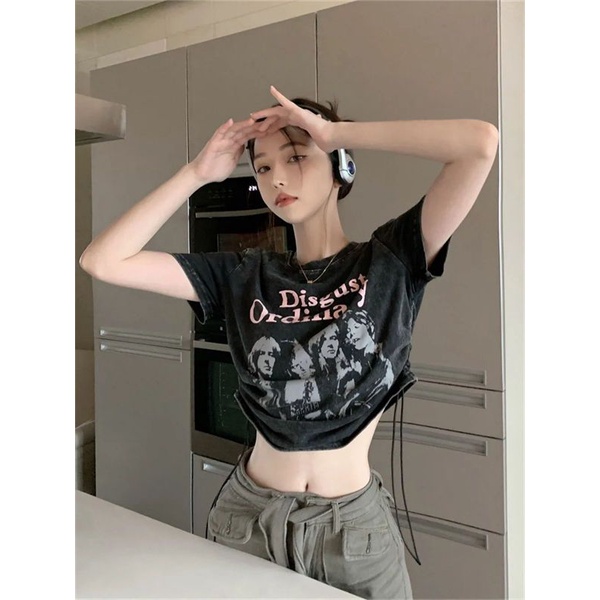 Áo Thun Croptop bigsize dây rút Tay Ngắn Cổ Tròn In Họa Tiết Phong Cách Retro Mỹ Thời Trang Mùa Hè Cho Nữ