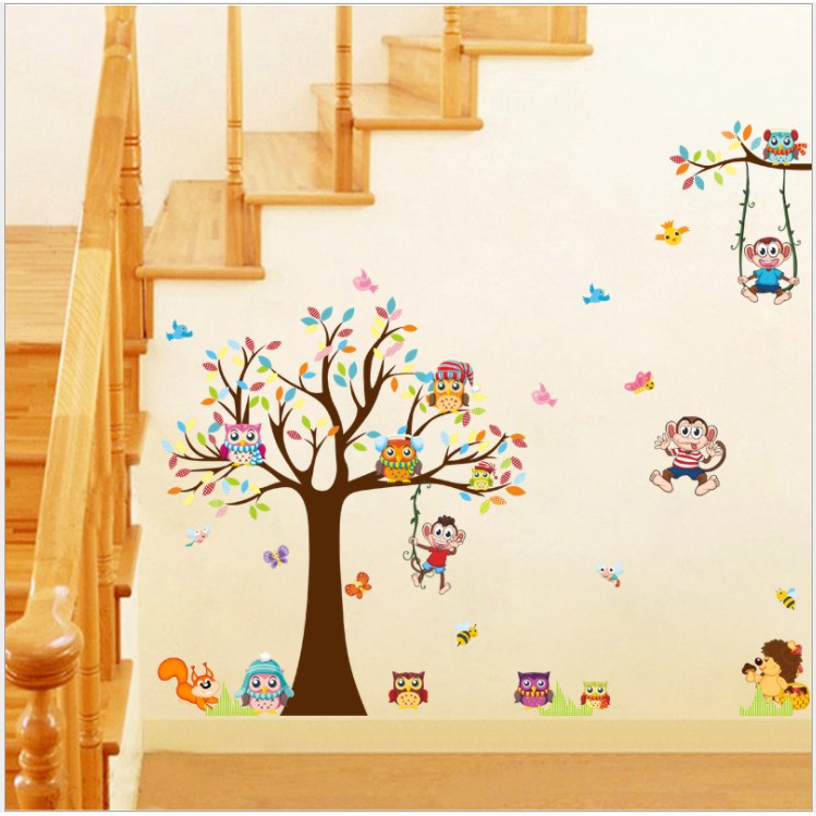 Decal trang trí tường - Cây lớn sắc màu cho bé vui chơi cùng khỉ