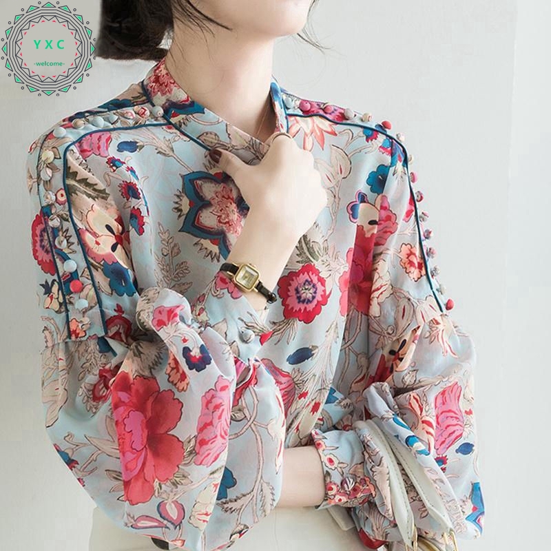 Áo chiffon tay phồng dáng rộng in họa tiết Size M-3XL màu xanh dương / hồng cho nữ