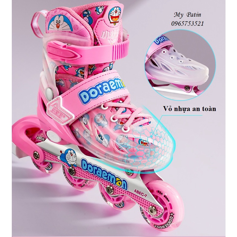 Giày Trượt Patin Trẻ Em Doremon chính hãng cho bé trai bé gái kèm bảo hộ ,8 bánh phát sáng, bánh cao su