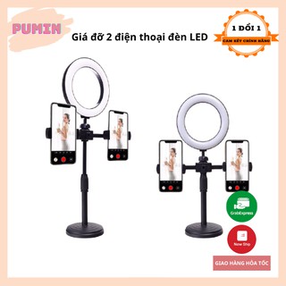 [GIÁ RẺ] 📱📱 Giá Đỡ 2 Điện Thoại Livestream, Kẹp Điện Thoại Để Bàn Quay Video Tiktok, Có Đèn Led 3 Chế Độ Sáng