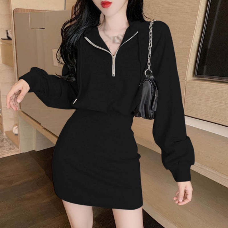 Đầm Hoodie Tay Dài Màu Sắc Đơn Giản Phong Cách Hàn Quốc