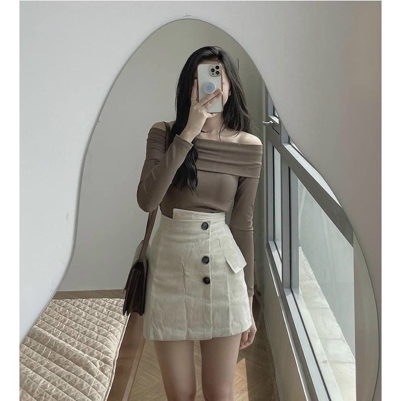 Chân váy nhung tăm khuy lệch siêu hot