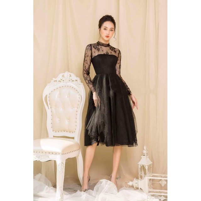 Đầm xòe công chúa tay dài ren mi cao cấp