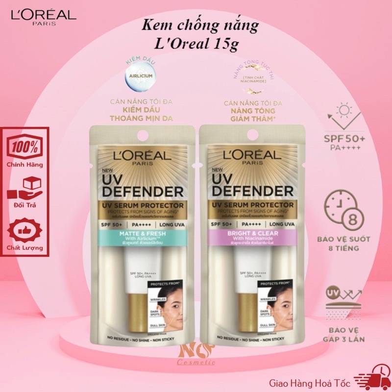 Kem chống nắng L'oreal 15ml - Loreal UV Defender SPF50+ PA++++ 15ml Kiềm dầu thoáng mịn , nâng tông giảm thâm