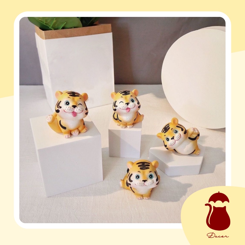 Full Set mô hình 4 hổ con Ô DECOR, tượng hổ con decor mini để bàn màu cam full biểu cảm đáng yêu dễ thương cute