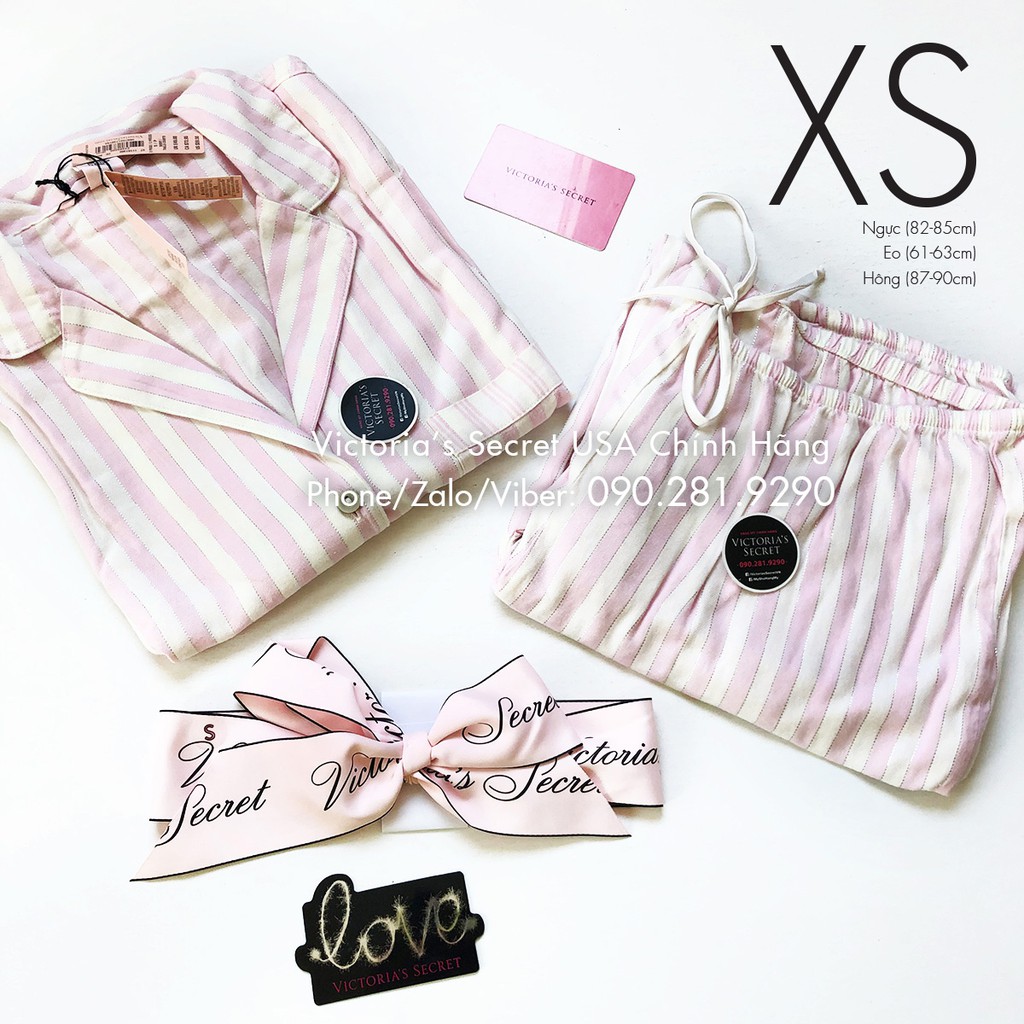 (Size XS) - Bộ đồ ngủ dài (16) sọc hồng trắng, chất vải Flannel, Pink White Stripe - VS USA