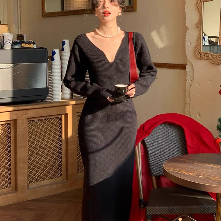 DUNEA Đầm đỏ tay dài cổ chữ v phong cách retro cho nữ