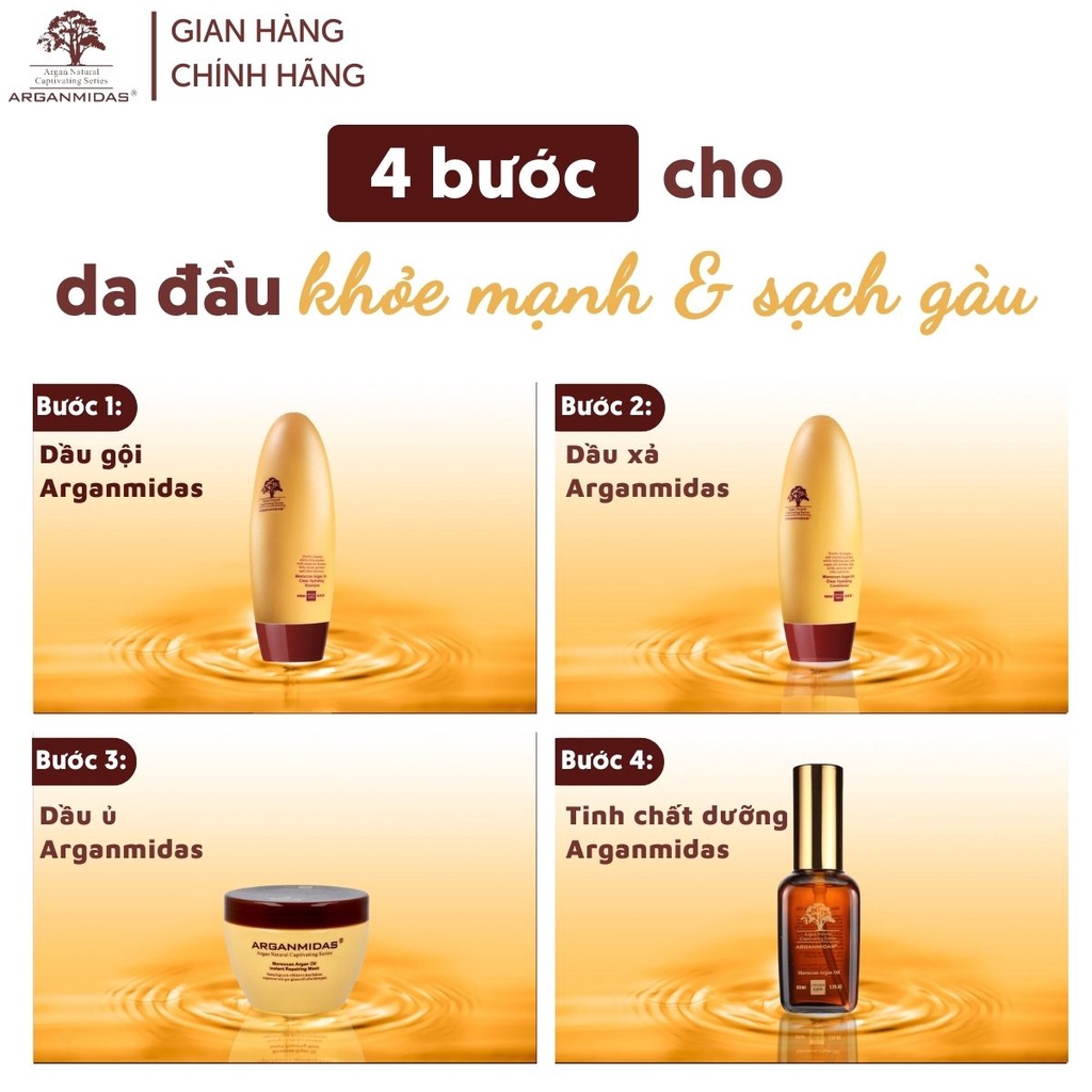 Combo gội xả Phục hồi tóc hư tổn Arganmidas Moroccan Argan (450ml/chai) và Tinh chất dưỡng phục hồi tóc Arganmidas (50ml