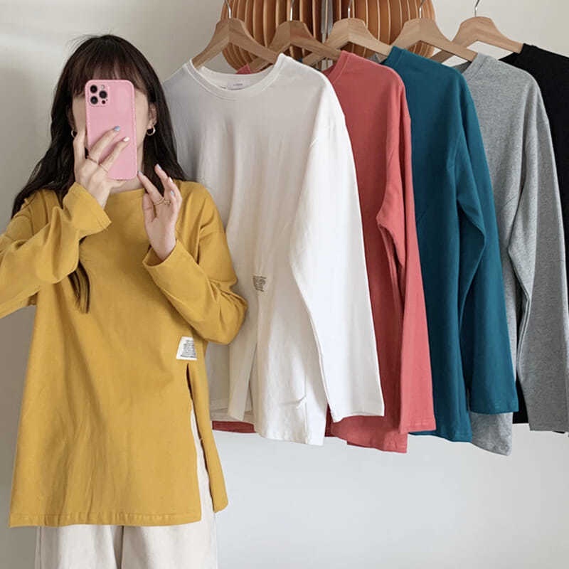Áo Thun Tay Dài Dáng Rộng Màu Vàng Thiết Kế Mới Năm 2021 Thời Trang Xuân Thu Cho Nữ