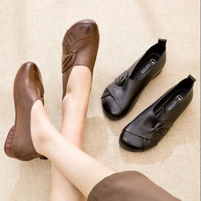 Giày Da Mềm Chống Trượt Thoải Mái Phong Cách Retro Cho Phụ Nữ Trung Niên Size 35-43 41 42