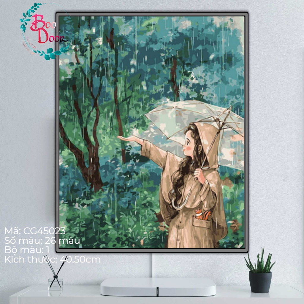 Tranh tô màu số hóa cô bé tóc xù đội ô ngắm mưa- CG45023- Boodoor Tranh Sơn Dầu