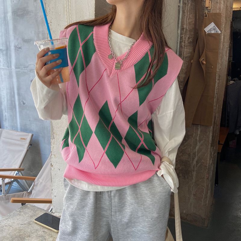 Áo gile len họa tiết hình học đơn giản thời trang phong cách Hàn Quốc