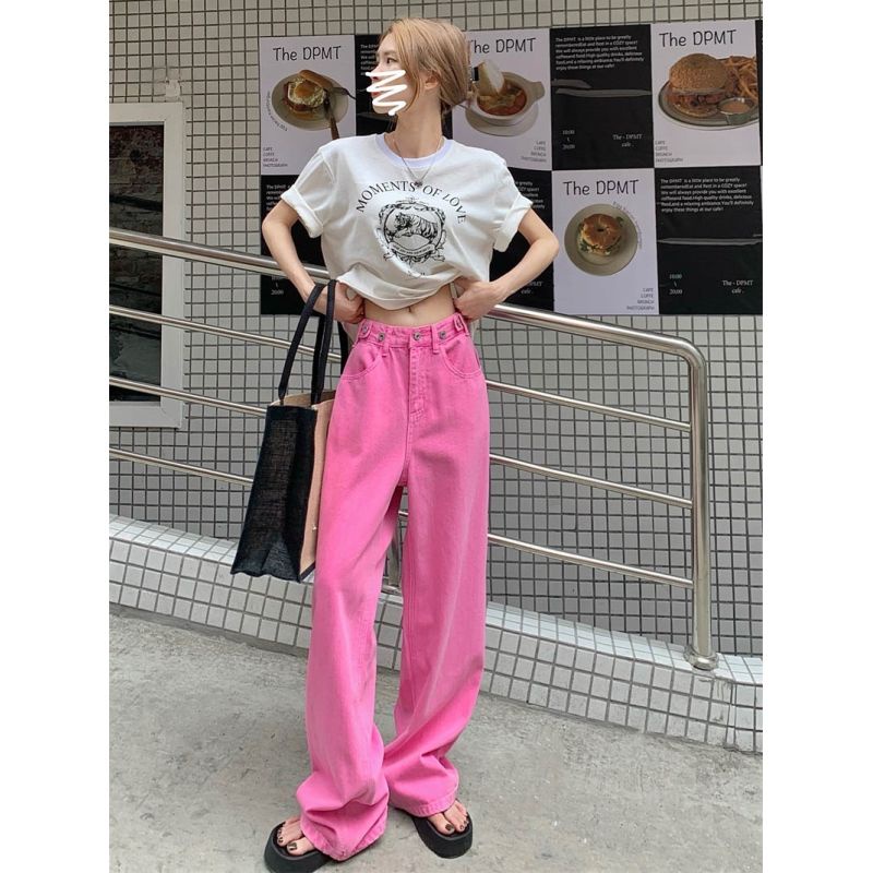 ▲Quần Jean Ống Rộng Lưng Cao Màu Xanh Lá Phong Cách Mỹ Cổ Điển Thời Trang Mùa Hè Hàng Mới Dành Cho Bạn Nữ