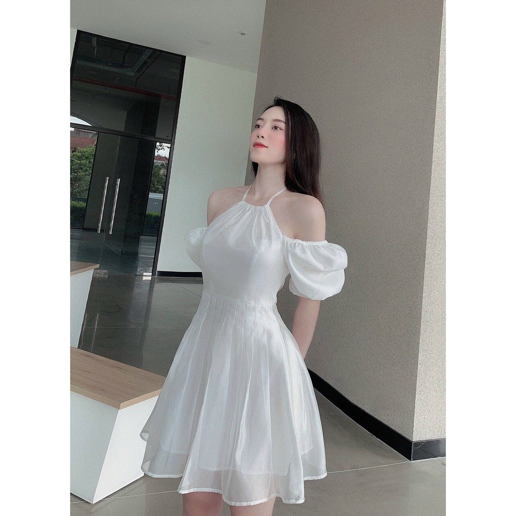 Váy trễ vai chất liệu tơ lụa 2 lớp cao cấp, Đầm nữ cổ yếm tay rớt vai thanh lịch sang trọng, Hàng thiết kế size SM | BigBuy360 - bigbuy360.vn
