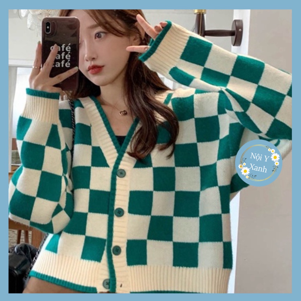 áo khoác cardigan len dáng croptop sọc caro màu xanh phong cách hàn quốc A665 nội y xanh chất len quảng châu