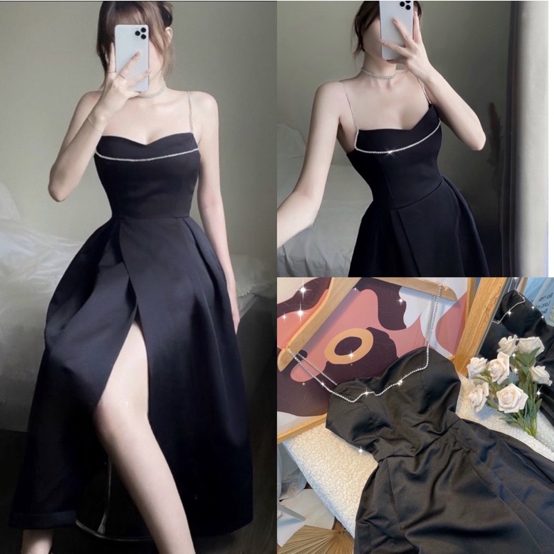 ĐẦM LỤA HAI DÂY XẺ TÀ ĐÍNH ĐÁ CỰC XINH, ĐẦM DỰ TIỆC TÔN DÁNG 21ROOM