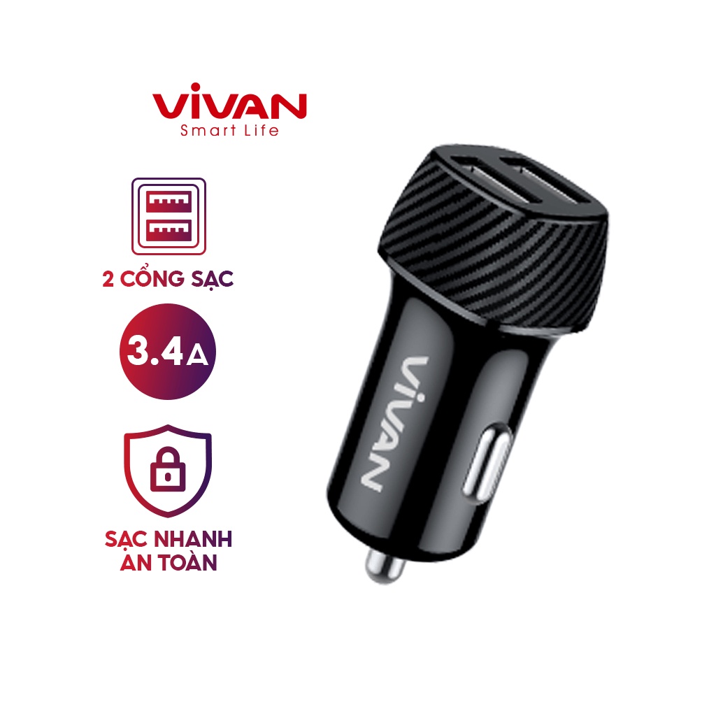 Tẩu sạc oto VIVAN CC02C 2 cổng USB đen- hàng chính hãng bảo hàng 12 tháng