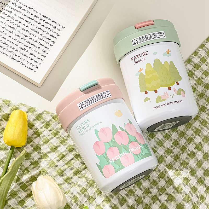 Bình Nước Giữ Nhiệt Chống Trượt Bằng Thép Không Gỉ Họa Tiết Hoa Xinh Xắn