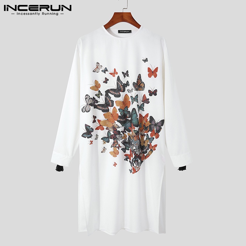 INCERUN Áo Choàng Dài Kaftan Hồi Giáo Tay Dài In Hình Bướm Cổ Điển Có Khóa Kéo Cho Nam