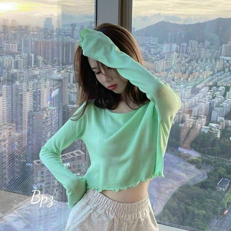 Áo croptop tay dài, thun gân đơn giản 4 màu