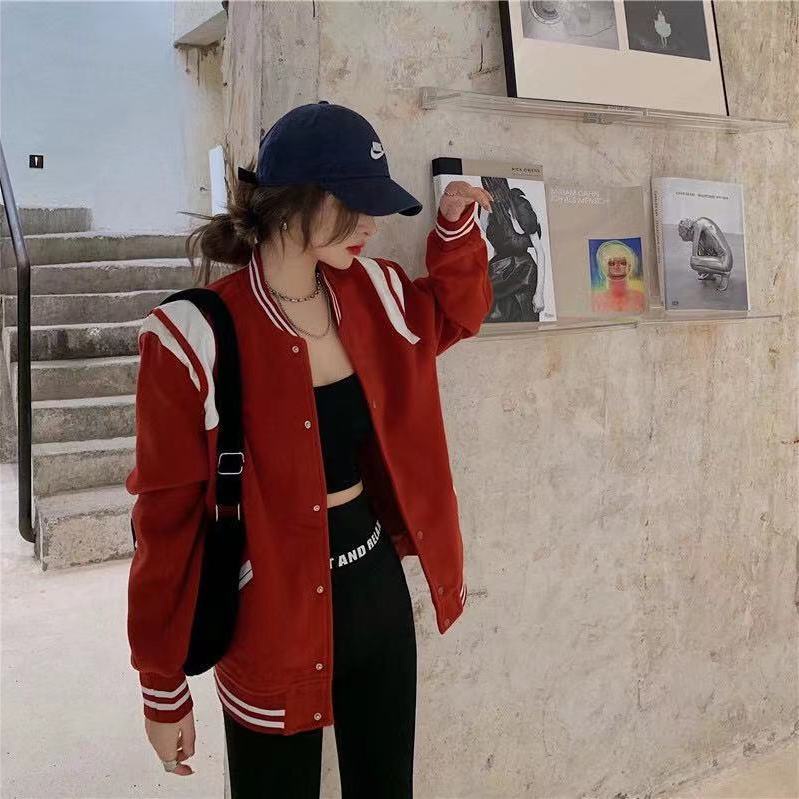 Áo khoác bóng chày dày dáng rộng thời trang thu đông mới 2021