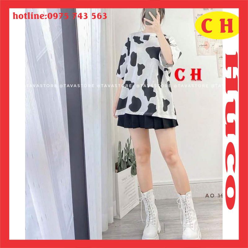 sét áo thun tay lỡ loang bò sữa chất cotton mix chân váy xếp có quần trong, sét váy nữ, đồ nữ freesize giá rẻ có tách lẻ