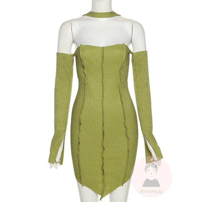 DRE-Women Summer Dress, Long Sleeve Off Shoulder Neck Hanger Solid Color Ribbed Dress