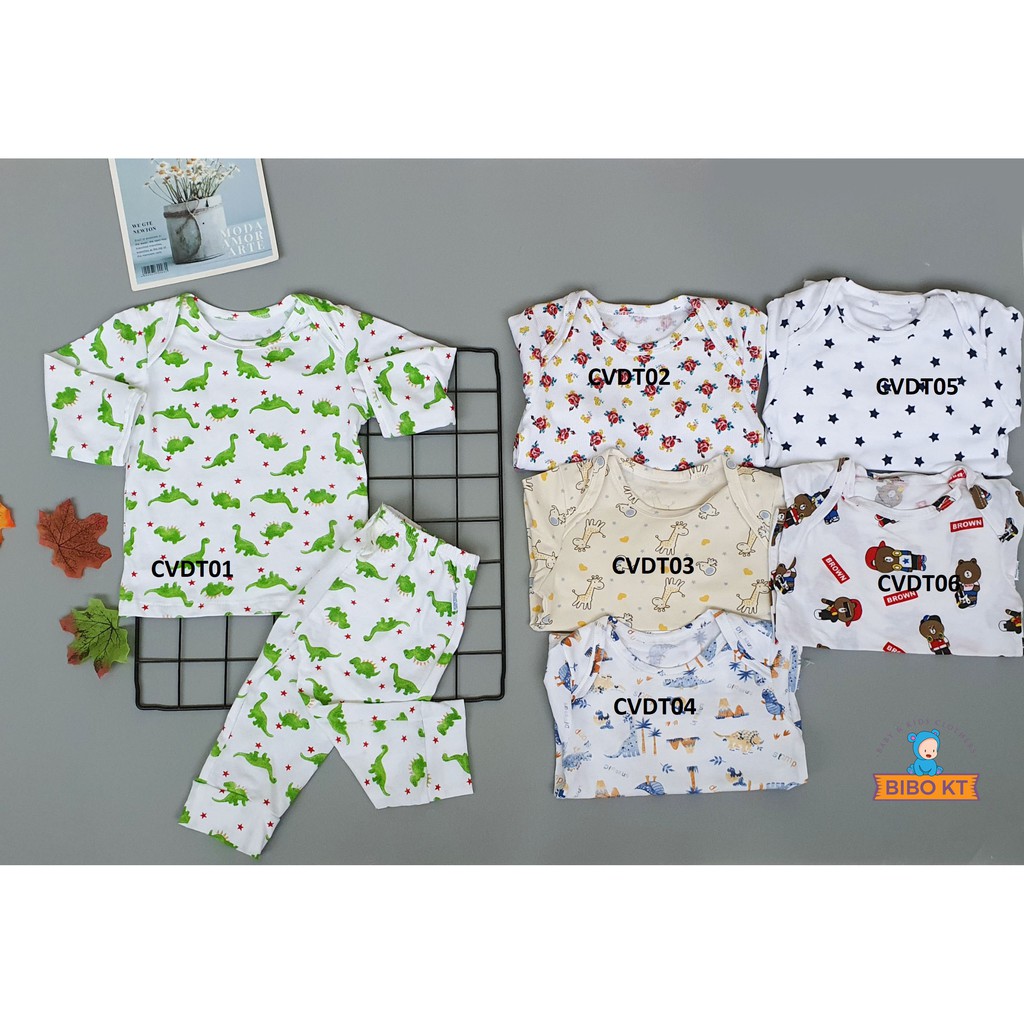 Bộ sơ sinh chồm vai tay dài cotton 100% 4 chiều co giãn mềm mại hình thú mặc hàng ngày Bibo Kim Thu size 1-3 ( 4-10