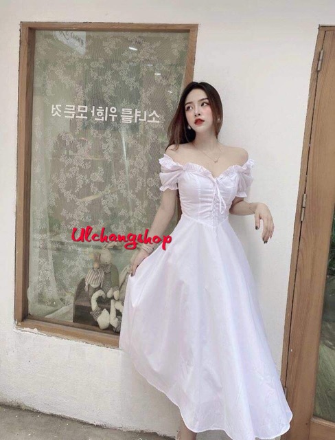Đầm trắng xoè viền bèo ngực nơ ngực mặc 2 kiểu ulzzang hàn quốc | BigBuy360 - bigbuy360.vn