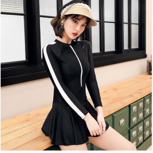 Bikini nữ đồ bơi đi biển tay dài liền thân có quần bên trong liền váy kín đáo VATIXA BKN15 ĐEN