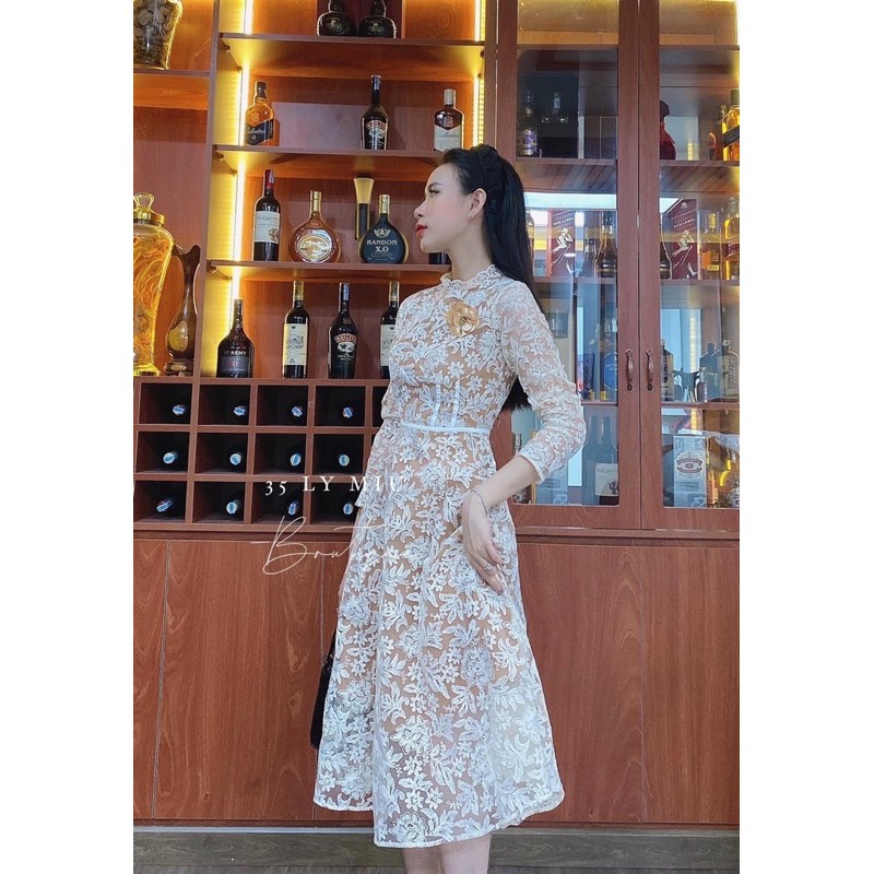 VNU87 - VÁY NỮ REN MÀU BE HOA LÁ 2 LỚP