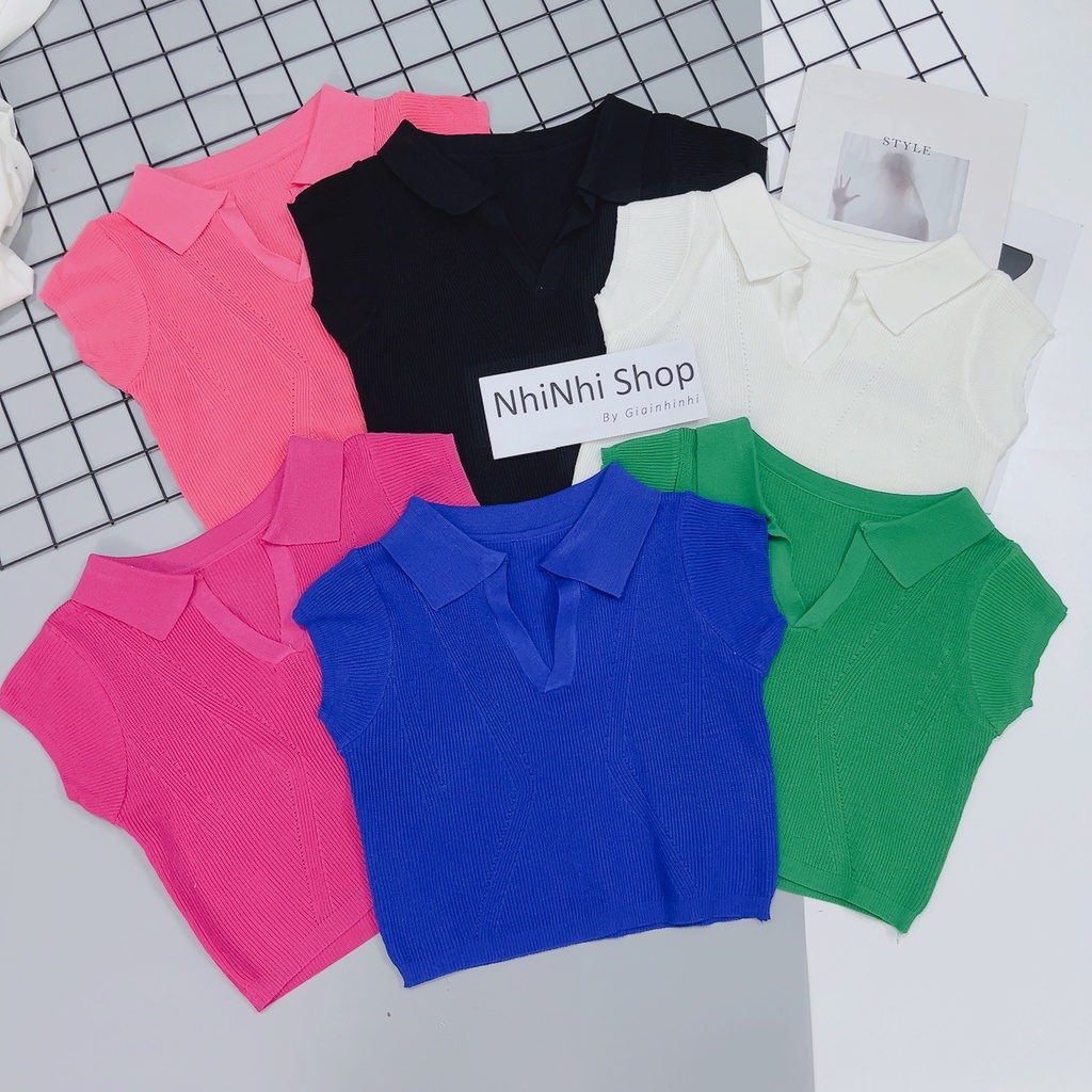 Áo len mỏng xương cá cộc tay dáng ôm croptop, Áo kiểu cổ bẻ len co giãn AL6565 - NhiNhi Shop