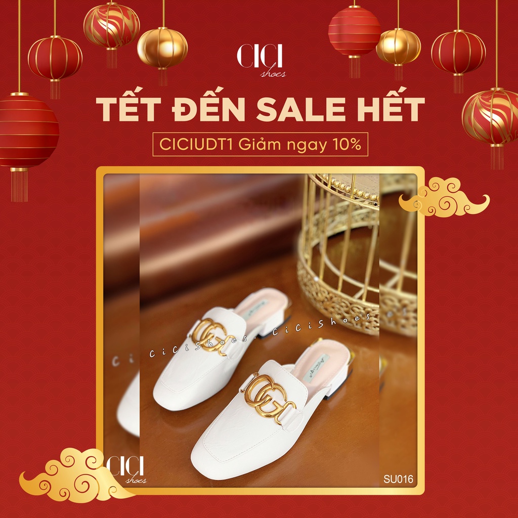 Giày sục nữ CiCi Shoes gót vuông kim loại 1cm, dép sục da mũi vuông khoá đồng - SU016