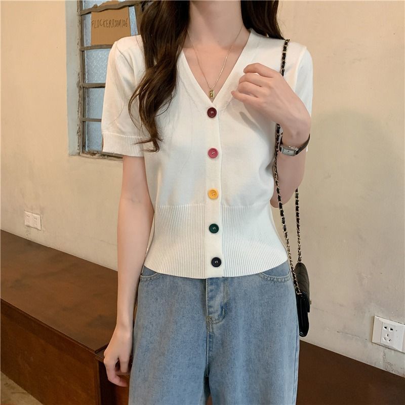 Áo Thun Len Cardigan Tay Ngắn Cổ Tim 5 Cúc Nhiều Màu