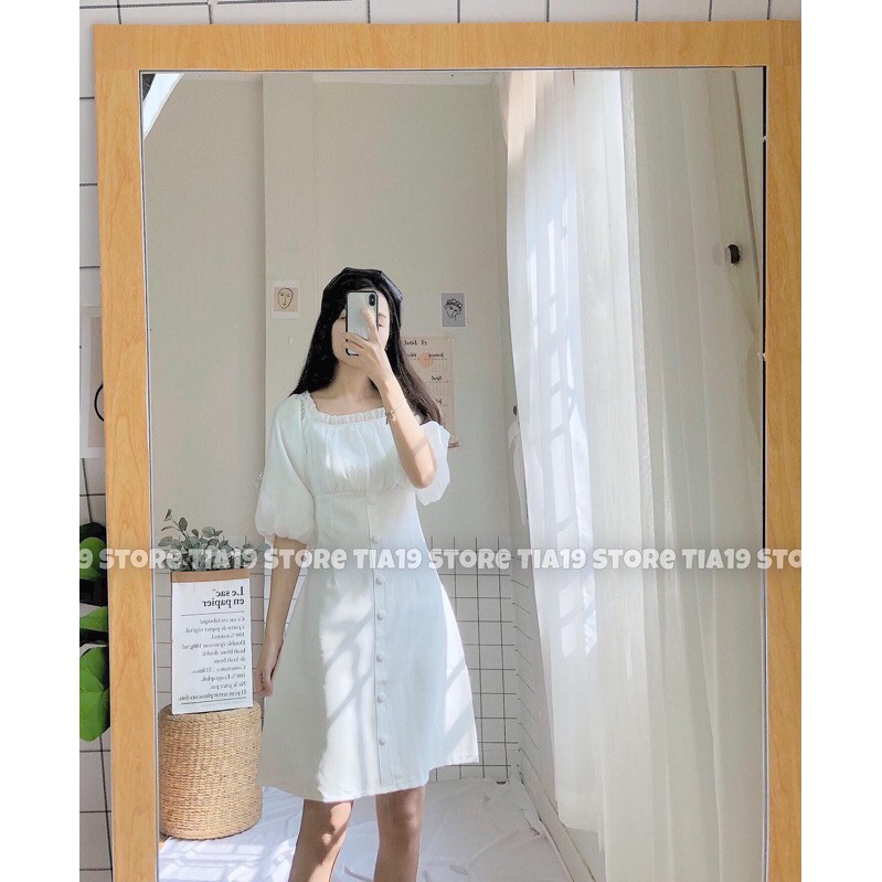 Váy cúc bọc trễ vai Tia19. Đầm tiểu thư trắng bẹt vai dáng xoè ( ẢNH THẬT ) | BigBuy360 - bigbuy360.vn