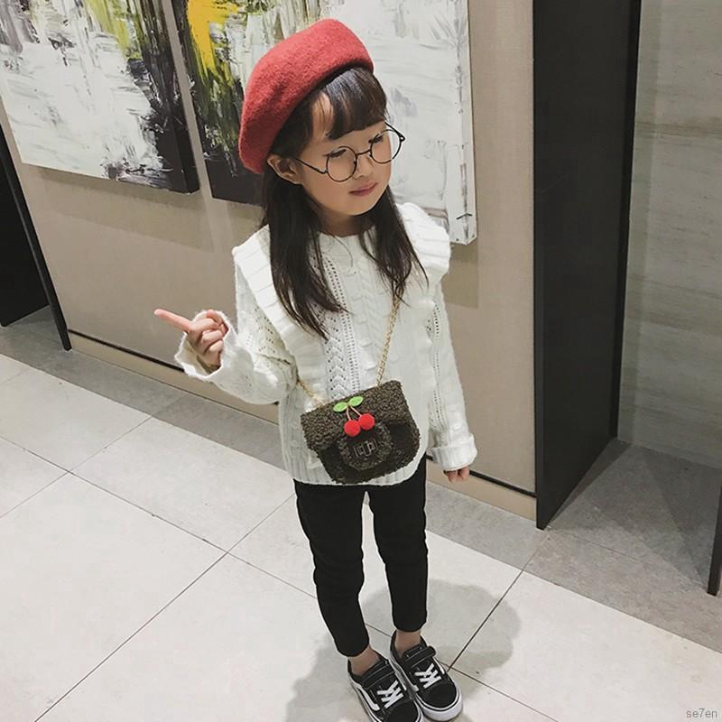 Se7en Children's plush shoulder bag cute cherry decoration girl crossbody accessories bag