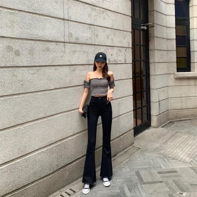 < BIGSIZE 39-95KG> Quần jean Giấy Skinny Nữ Ống Loe Đen Trơn, Co giãn 4 chiều, cạp cao tôn dáng