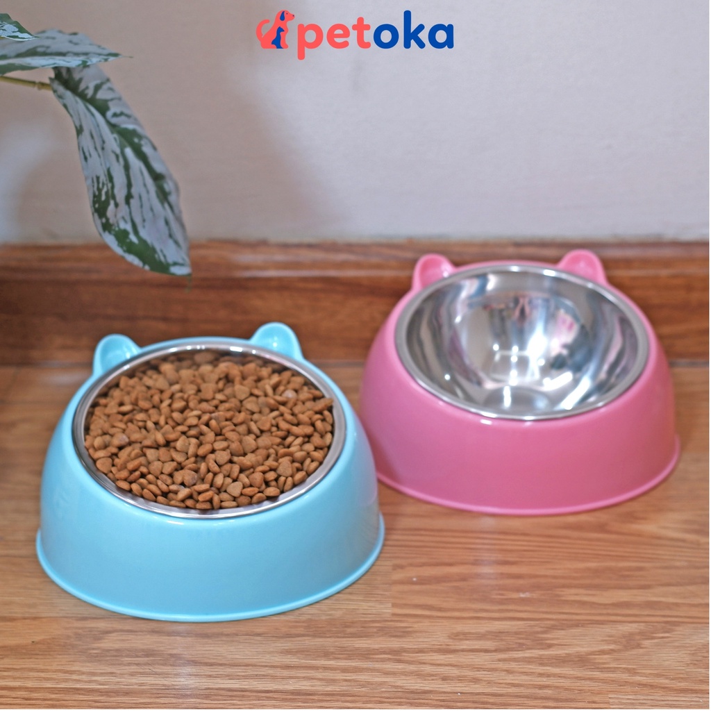 Bát ăn chống gù đơn cho mèo chó thú cưng bằng inox đế nhựa Petoka