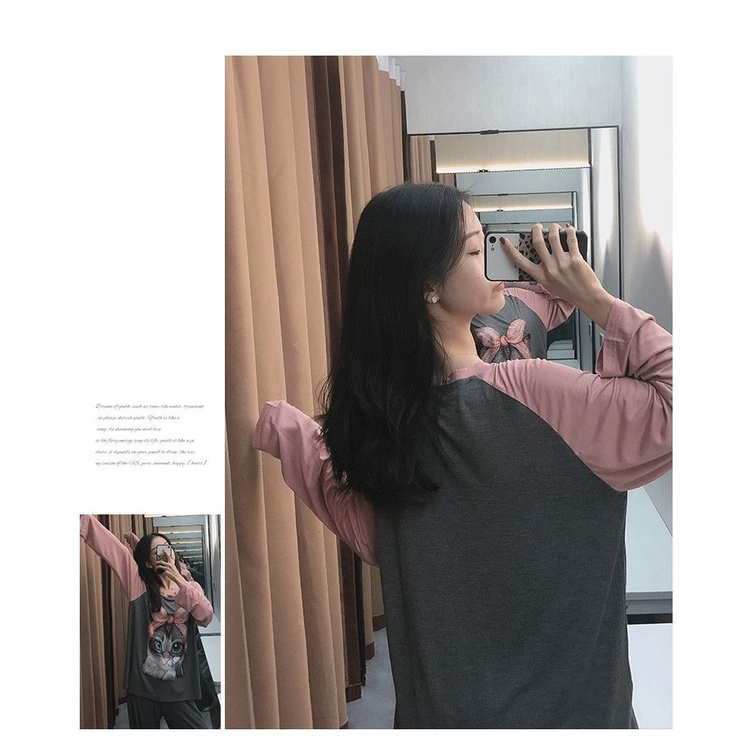 Bộ Đồ Ngủ Tay Ngắn + Quần Dài Màu Trơn In Hình Mèo Nhỏ Dễ Thương Cho Nữ