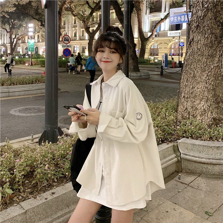 Áo Sơ Mi Nhung Unisex họa tiết Mặt Cười Ulzzang phong cách trẻ trung